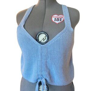 Knit tank top in powder blue with drawstring tie in the front and halter back.